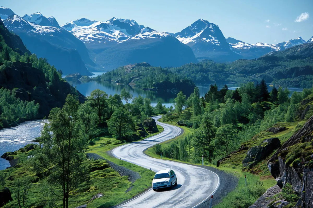 Green forests and mountains with snowcapped peaks