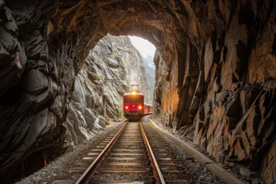 Il treno del tunnel di Stgotthard entra nelle Alpi e passa il ponte del diavolo