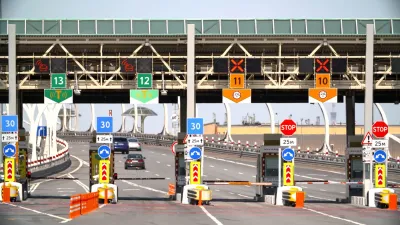 Cars at modern toll road turnpike