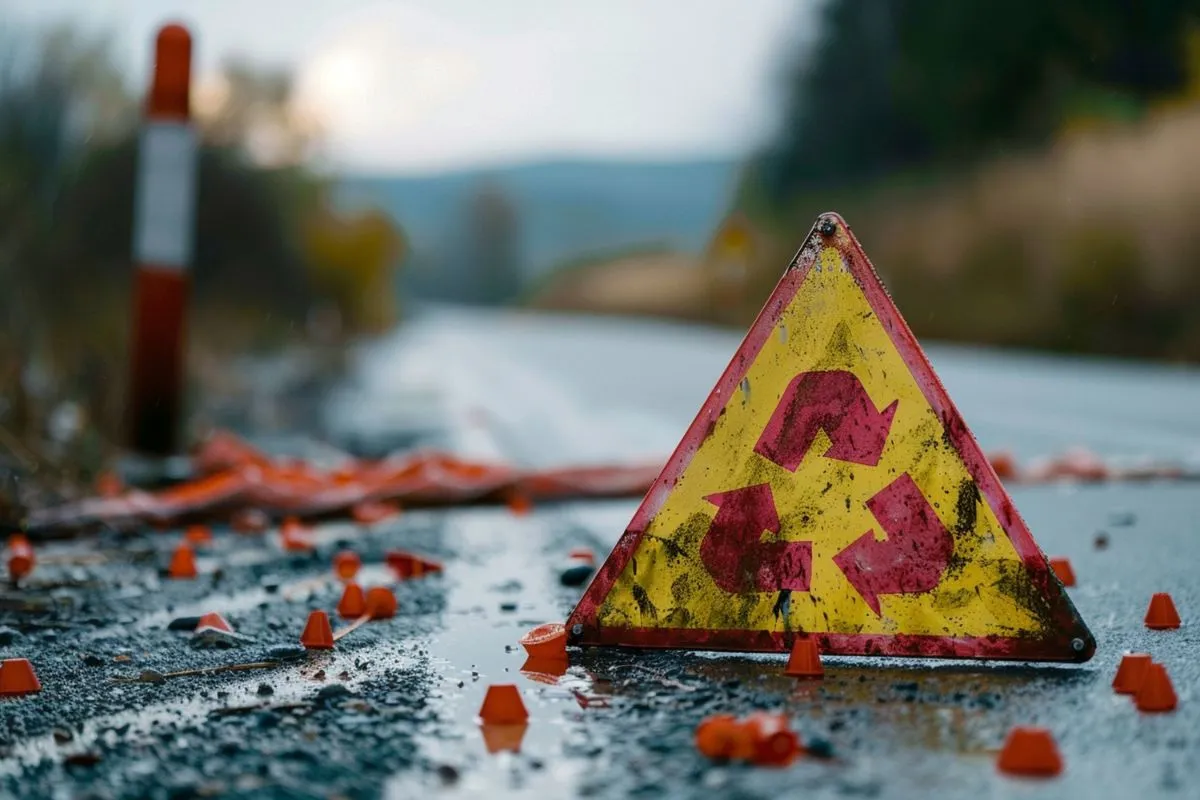 Schild auf der Straße Hohe Strahlung, gefährlicher Abfall