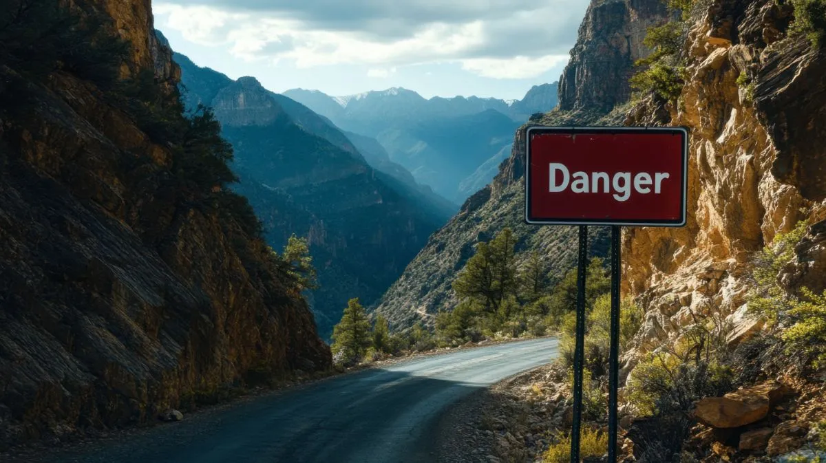 A "Danger" traffic sign on a narrow mountain road